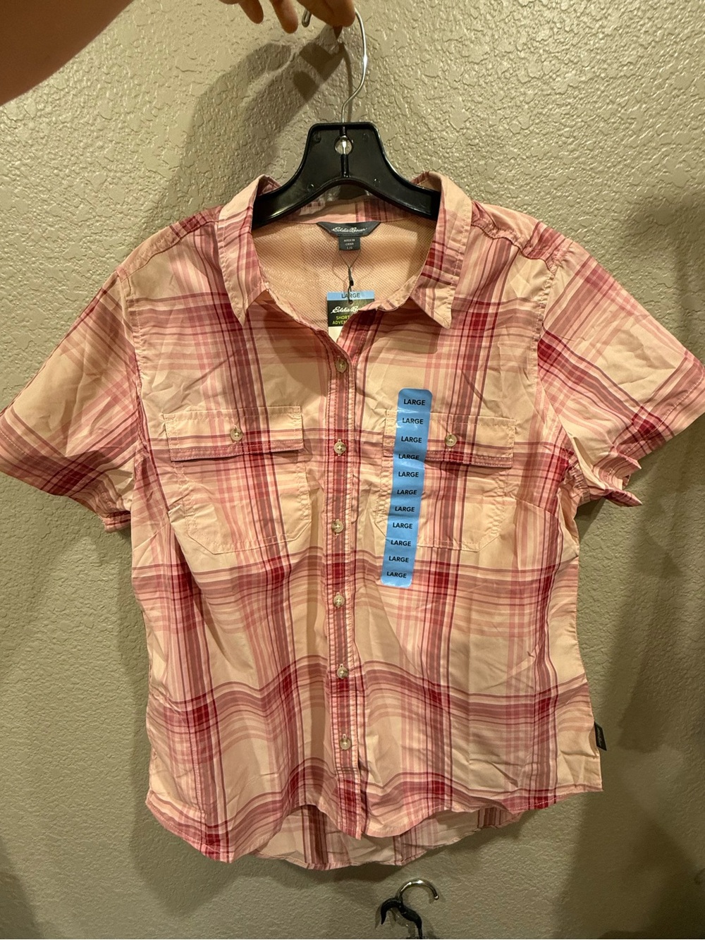 Eddie Bauer Short Sleeve Adventure Shirt Pink Plaid Button-up shirt Large